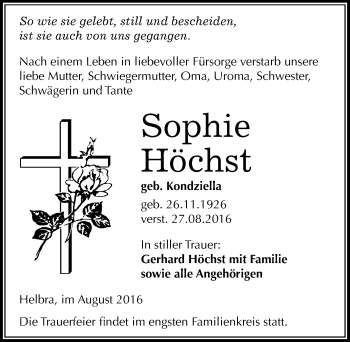 Traueranzeige von Sophie Höchst von Mitteldeutsche Zeitung Mansfelder Land