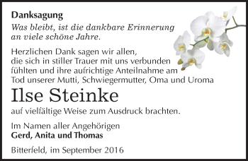 Traueranzeige von Ilse Steinke von Mitteldeutsche Zeitung Bitterfeld