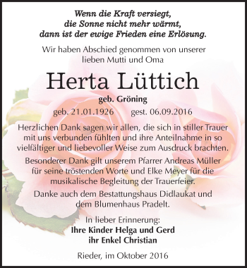 Traueranzeige von Herta Lüttich von Mitteldeutsche Zeitung Quedlinburg