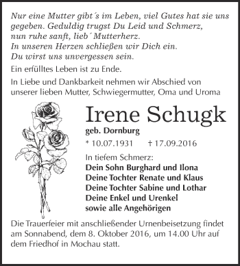 Traueranzeige von Irene Schugk von WVG - Wochenspiegel Wittenberg