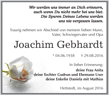 Traueranzeige von Joachim Gebhardt von Mitteldeutsche Zeitung Mansfelder Land