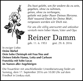 Traueranzeige von Reiner Damm von Mitteldeutsche Zeitung Halle/Saalkreis