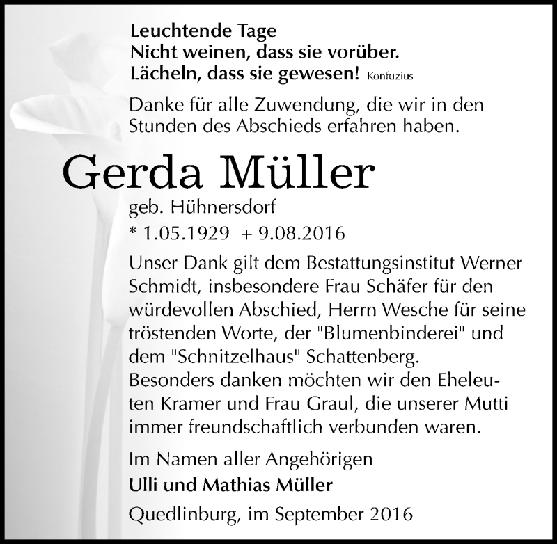 Traueranzeigen von Gerda Müller www.abschiednehmen.de