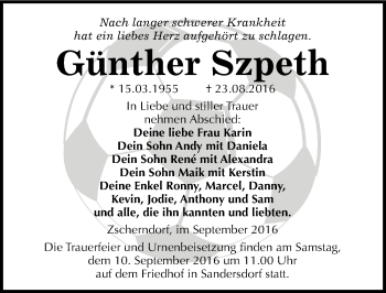 Traueranzeige von Günther Szpeth von Mitteldeutsche Zeitung Bitterfeld