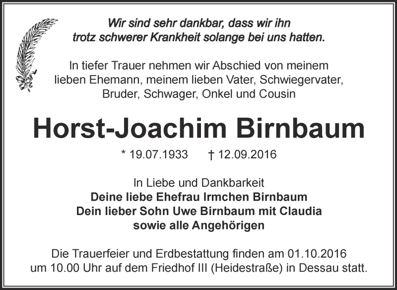  Traueranzeige für Horst-Joachim Birnbaum vom 17.09.2016 aus WVG - Wochenspiegel Dessau / Köthen