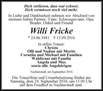 Traueranzeige von Willi Fricke von Super Sonntag Aschersleben