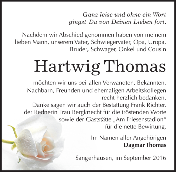 Traueranzeige von Hartwig Thomas von Mitteldeutsche Zeitung Sangerhausen
