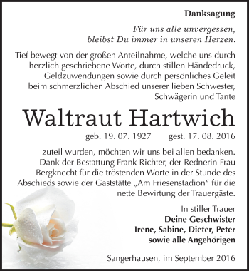 Traueranzeige von Waltraut Hartwich von Mitteldeutsche Zeitung Sangerhausen