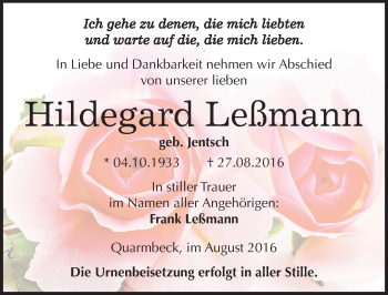 Traueranzeige von Hildegard Leßmann von Mitteldeutsche Zeitung Quedlinburg