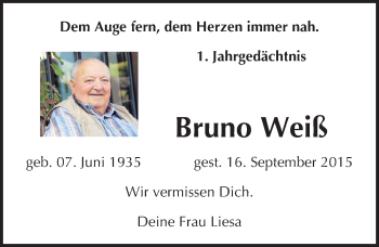 Traueranzeige von Bruno Weiß von Mitteldeutsche Zeitung Naumburg/Nebra