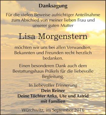 Traueranzeige von Lisa Morgenstern von Mitteldeutsche Zeitung Zeitz