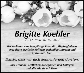 Traueranzeige von Brigitte Koehler von Mitteldeutsche Zeitung Quedlinburg
