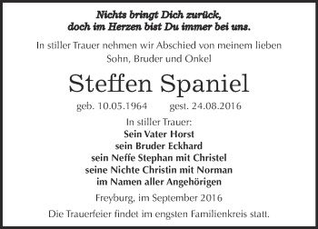 Traueranzeige von Steffen Spaniel von WVG - Wochenspiegel NMB / WSF / ZTZ