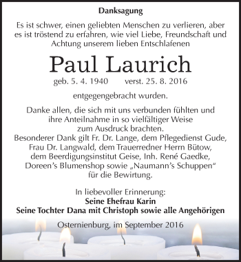 Traueranzeige von Paul Laurich von Mitteldeutsche Zeitung Köthen