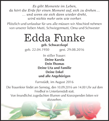 Traueranzeige von Edda Funke von WVG - Wochenspiegel Merseburg