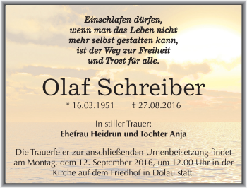 Traueranzeige von Olaf Schreiber von Mitteldeutsche Zeitung Halle/Saalkreis