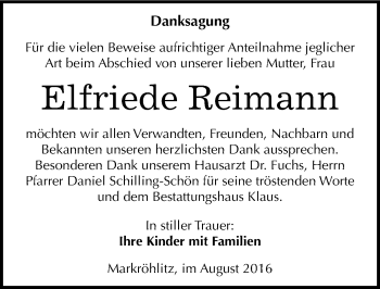 Traueranzeige von Elfriede Reimann von Mitteldeutsche Zeitung Weißenfels