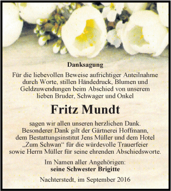 Traueranzeige von Fritz Mundt von Super Sonntag Aschersleben