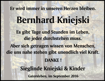 Traueranzeige von Bernhard Kniejski von WVG - Wochenspiegel Quedlinburg