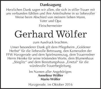 Traueranzeige von Gerhard Wölfer von Super Sonntag Quedlinburg