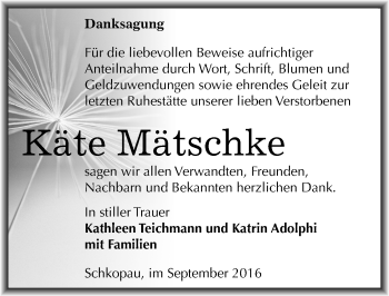 Traueranzeige von Käte Mätschke von Mitteldeutsche Zeitung Merseburg/Querfurt