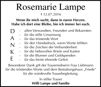 Traueranzeige von Rosemarie Lampe von Mitteldeutsche Zeitung Dessau-Roßlau