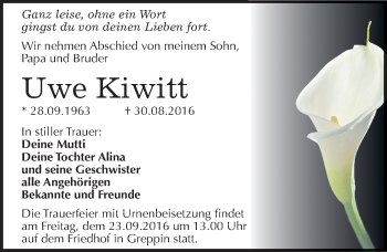Traueranzeige von Uwe Kiwitt von Mitteldeutsche Zeitung Bitterfeld