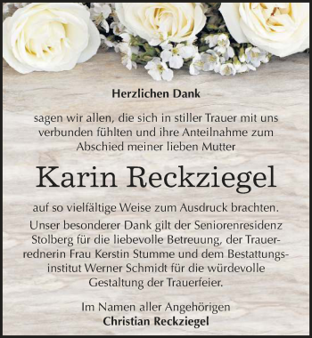 Traueranzeige von Karin Reckziegel von Mitteldeutsche Zeitung Sangerhausen