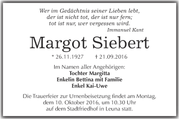 Traueranzeige von Margot Siebert von WVG - Wochenspiegel Merseburg