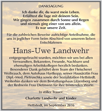Traueranzeige von Hans-Uwe Landwehr von Mitteldeutsche Zeitung Mansfelder Land