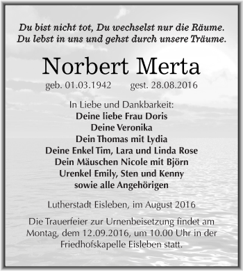 Traueranzeige von Norbert Merta von Super Sonntag SGH Mansf. Land