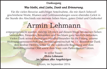 Traueranzeige von Armin Lehmann von Mitteldeutsche Zeitung Weißenfels