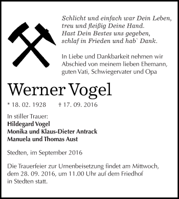 Traueranzeige von Werner Vogel von Super Sonntag SGH Mansf. Land