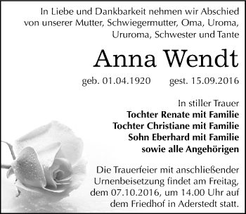 Traueranzeige von Anna Wendt von Mitteldeutsche Zeitung Bernburg
