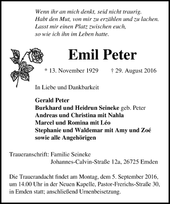 Traueranzeige von Emil Peter von Mitteldeutsche Zeitung Dessau-Roßlau