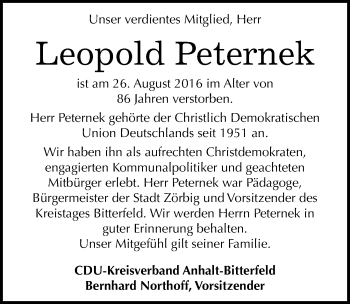 Traueranzeige von Leopold Peternek von Mitteldeutsche Zeitung Bitterfeld