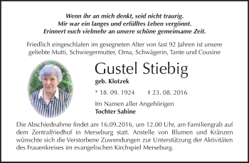 Traueranzeige von Gustel Stiebig von WVG - Wochenspiegel Merseburg