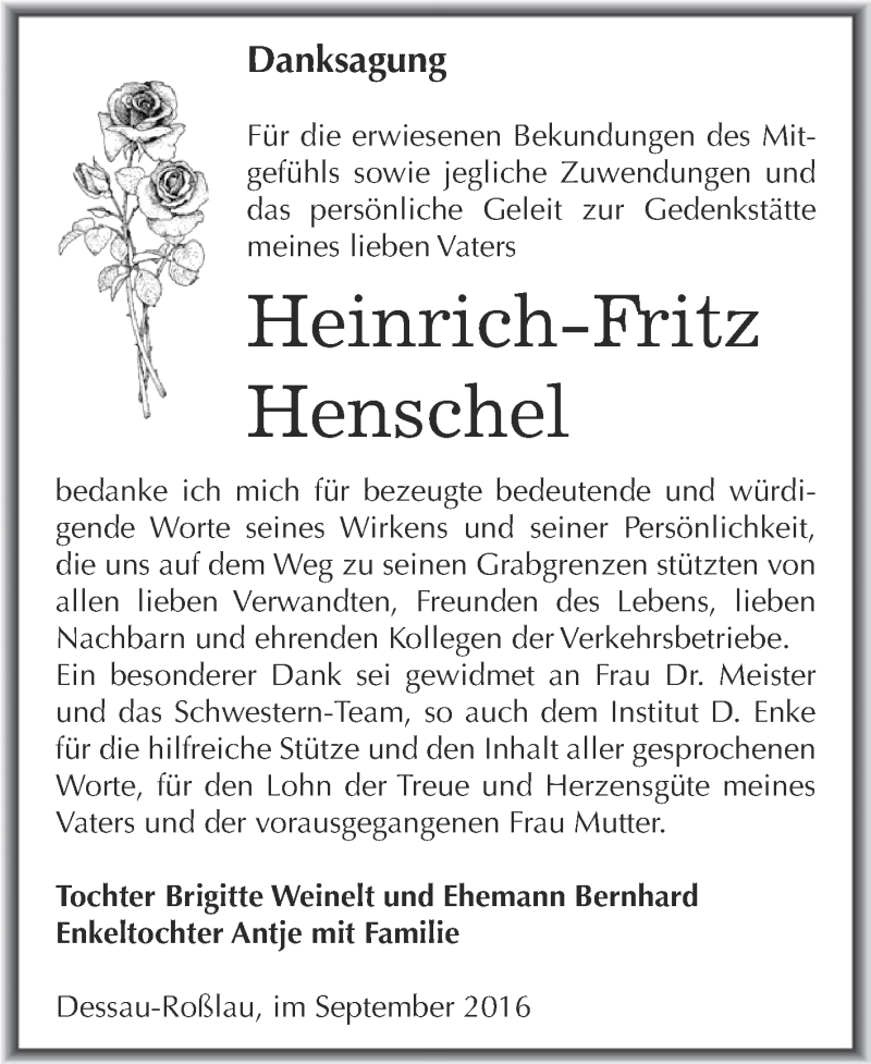  Traueranzeige für Heinrich-Fritz Henschel vom 01.10.2016 aus WVG - Wochenspiegel Dessau / Köthen