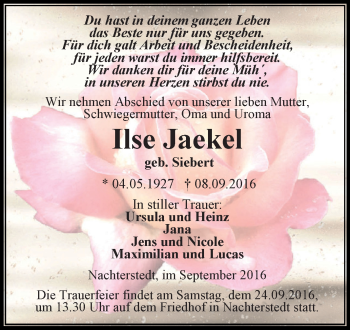 Traueranzeige von Ilse Jaekel von Super Sonntag Aschersleben