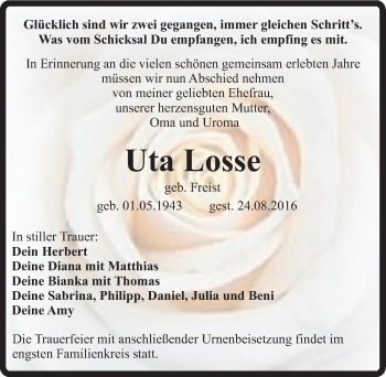 Traueranzeige von Uta Losse von Mitteldeutsche Zeitung Quedlinburg