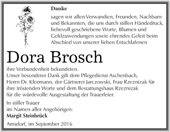 Traueranzeige von Dora Brosch von Super Sonntag SGH Mansf. Land