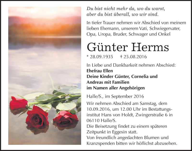  Traueranzeige für Günter Herms vom 03.09.2016 aus Mitteldeutsche Zeitung Halle/Saalkreis