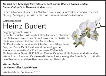 Traueranzeige von Heinz Budert von Mitteldeutsche Zeitung Weißenfels