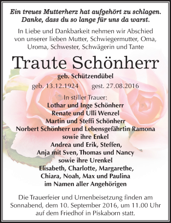 Traueranzeige von Traute Schönherr von Mitteldeutsche Zeitung Mansfelder Land