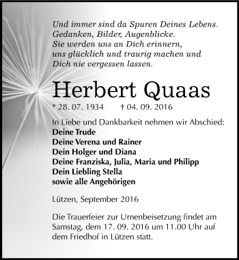 Traueranzeige von Herbert Quaas von Mitteldeutsche Zeitung Weißenfels