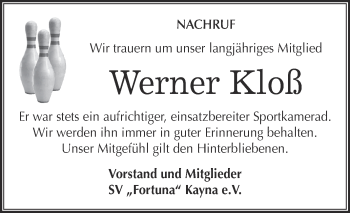 Traueranzeige von Werner Kloß von Super Sonntag Zeitz
