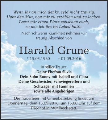 Traueranzeige von Harald Grune von WVG - Wochenspiegel Bitterfeld