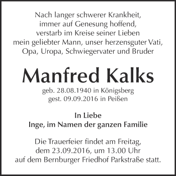 Traueranzeige von Manfred Kalks von Super Sonntag Bernburg