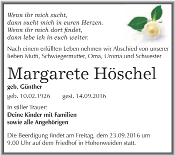 Traueranzeige von Margarete Höschel von WVG - Wochenspiegel Merseburg