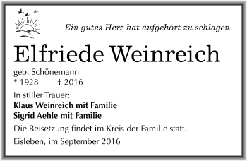 Traueranzeige von Elfriede Weinreich von Mitteldeutsche Zeitung Mansfelder Land